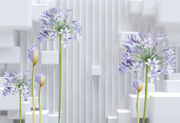 گلهای بنفش و گلدان های سه بعدی در پس زمینه سفید طرح پوستر دیواری