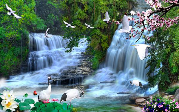 منظره آبشار و شکوفه با پرندگان و گلهای زیبا طرح پوستر دیواری زیبا