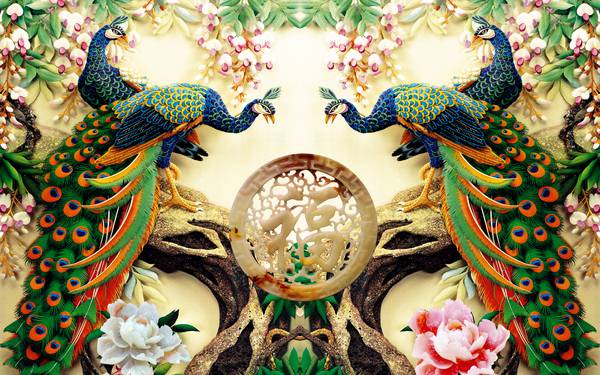 طاووس و شکوفه های درخت و گل های سه بعدی طرح پوستر دیواری