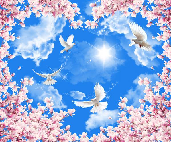آسمان آبی ابری و آفتاب کبوتر های سفید و شکوفه های صورتی به شکل قلب طرح پوستر سقفی