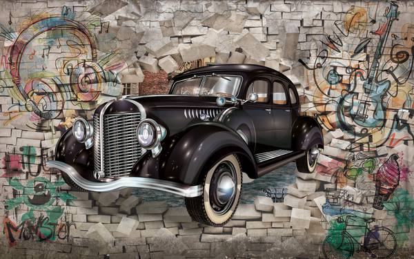 اتومبیل کلاسیک مشکی انگلیسی و دیوار آجری و نقاشی پوستر دیواری سه بعدی