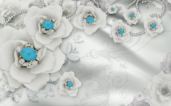 گلهای سفید با نگین آبی فیروزه ای طرح پوستر دیواری سه بعدی