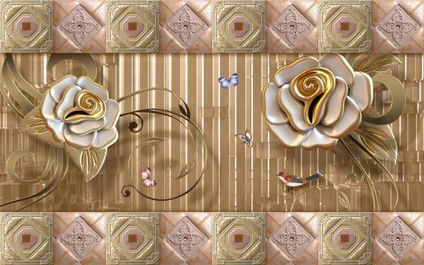 گلهای سه بعدی روی کاشی های لاکچری طلایی پوستر لوکس