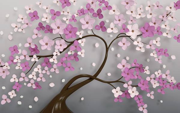 درخت فانتزی صورتی بنفش گل شاخه پس زمینه طوسی پوستر دیواری