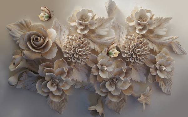 گلهای بژ حکاکی شده پوستر دیواری برجسته سه بعدی