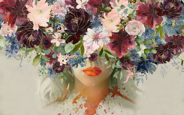 پوستر دیواری سه بعدی دختر چهره گلهای رنگارنگ