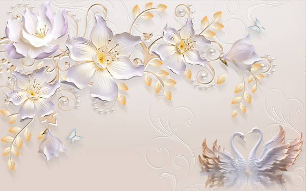 گلهای سه بعدی لوکس و زیبا پس زمینه لاکچری پوستر دیواری خاص قو های زیبا