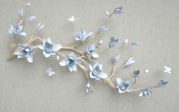 شکوفه های آبی شاخه طلایی پوستر دیواری سه بعدی