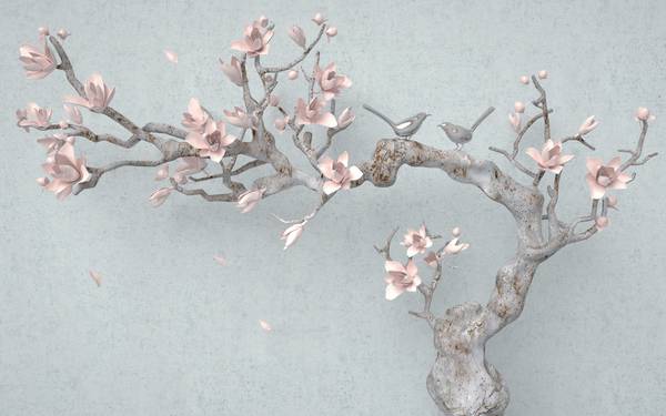 درخت و شکوفه های صورتی پرندگان پوستر دیواری سه بعدی