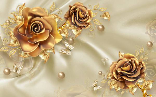 گلهای طلایی پس زمینه کرم پوستر دیواری سه بعدی