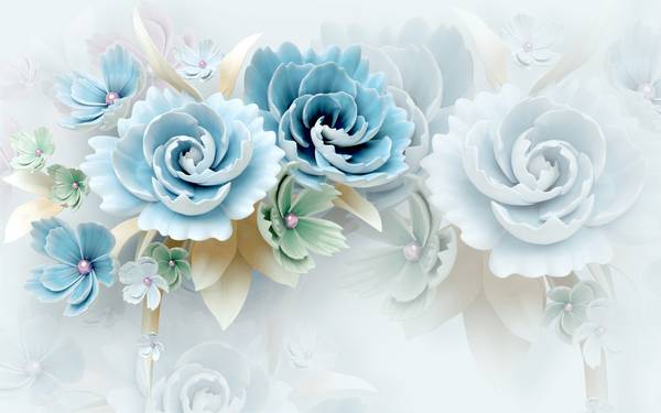 گلهای سفید آبی پس زمینه روشن پوستر دیواری سه بعدی