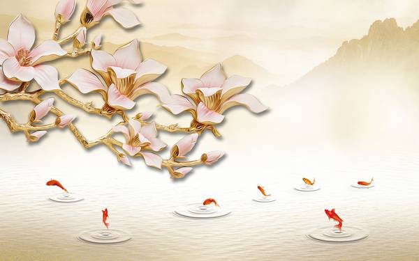 گلهای سفید طلایی پس زمینه ماهی ها پوستر دیواری سه بعدی