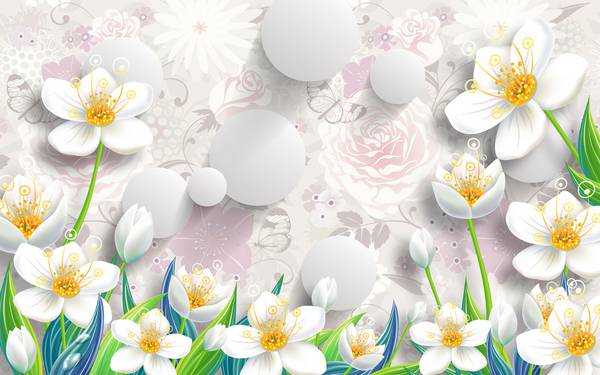 گلهای سفید برجسته زمینه دایره های سفید پوستر دیواری