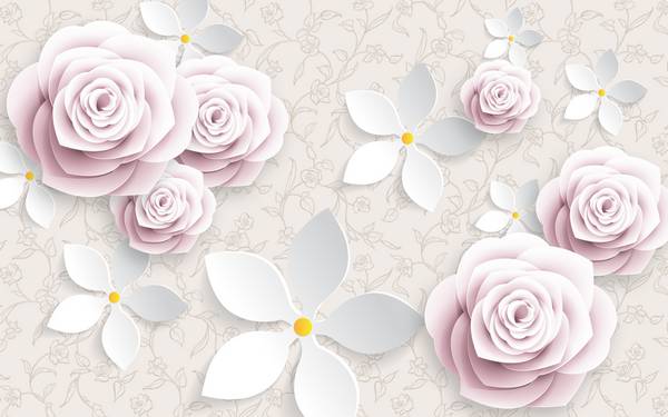 گلهای صورتی پس زمینه گلهای سفید پوستر دیواری سه بعدی