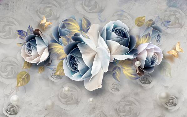 گلهای آبی سفید پروانه های طلایی پس زمینه گل پوستر دیواری سه بعدی
