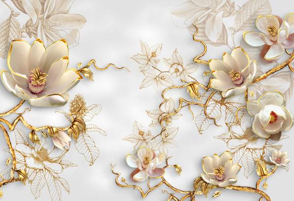 گل های سفید طلایی شاخه های طلایی پوستر دیواری سه بعدی