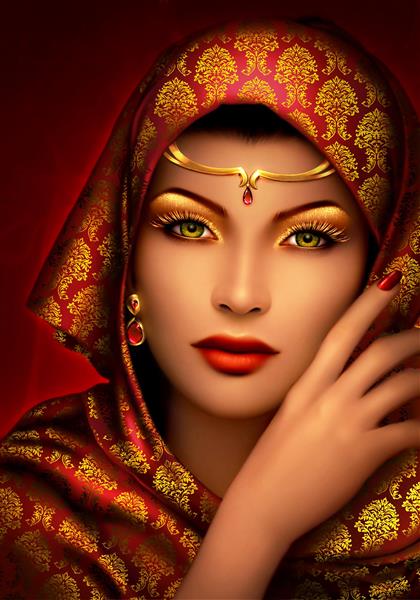 عروس هندی زیبا با شال قرمز و طلایی