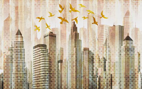 پوستر دیواری آسمان خراش های شهری و برج ها با پرندگان طلایی