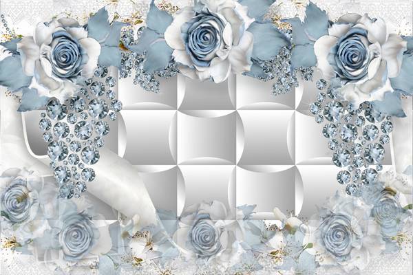 گلهای سفید آبی پوستر دیواری سه بعدی