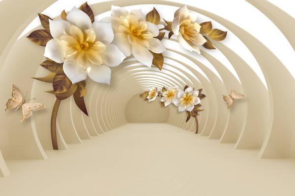 گلهای سفید طلایی راهرو سه بعدی پوستر دیواری