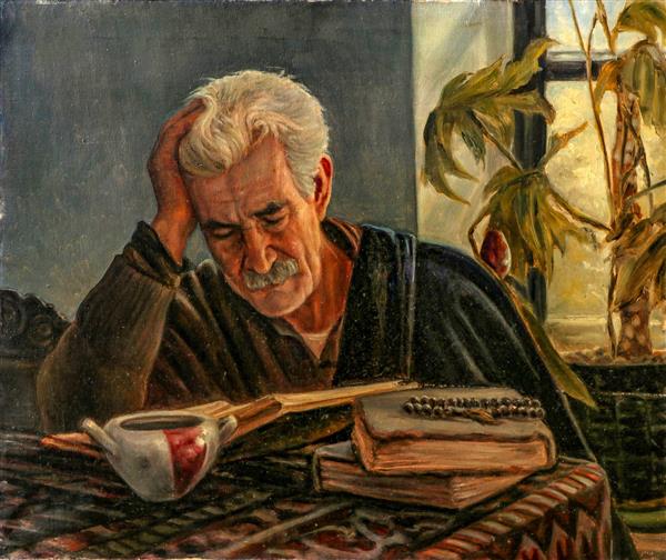 تابلو نقاشی با عنوان مطالعه که چهره پدر هنرمند است نقاشی رنگ روغن اثر استاد نادر لنجانی