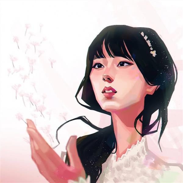 دختر آسیایی زیبا نقاشی دیجیتال خجالتی