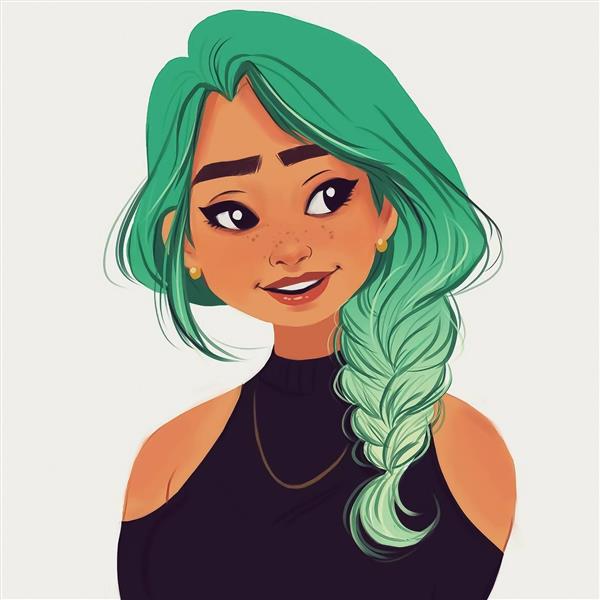 دختر زیبا خجالتی مو سبز پوستر نقاشی دیجیتال