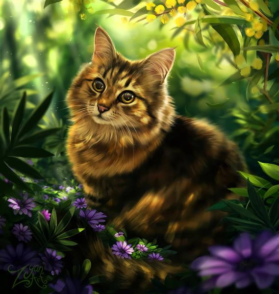 گربه زیبا در جنگل نقاشی دیجیتال
