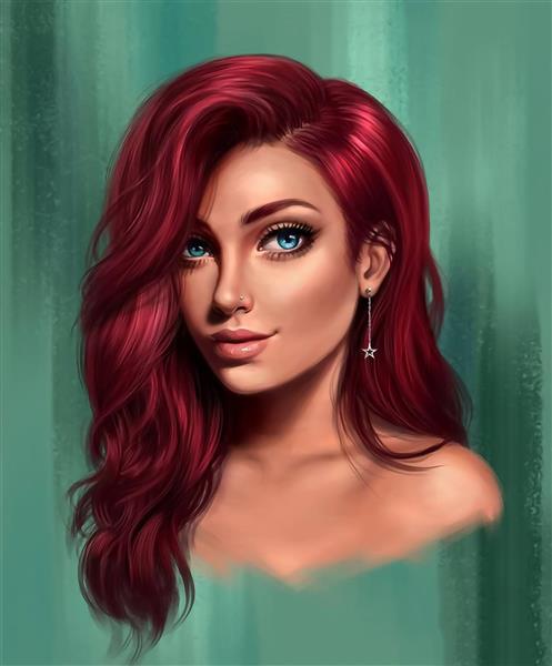نقاشی دیجیتال دختر زیبا مو قرمز