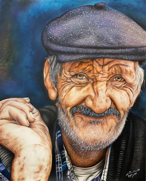 پیرمرد دهاتی نقاشی مدادرنگی اثر سحر خوشچهره