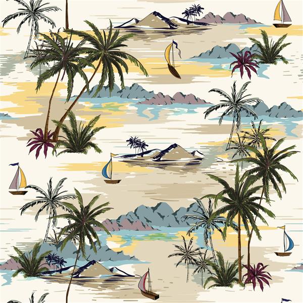 الگوی زیبا و یکپارچه جزیره وینتیج از منظره با درختان نخل ساحل بر روی زمینه بژ روشن