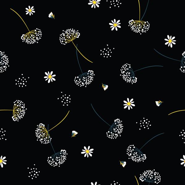 وکتور الگوی یکپارچه تیره با دمیدن باد به گل قاصدک در زمینه سیاه و سفید برای پارچه های مد روز و همه چاپ ها