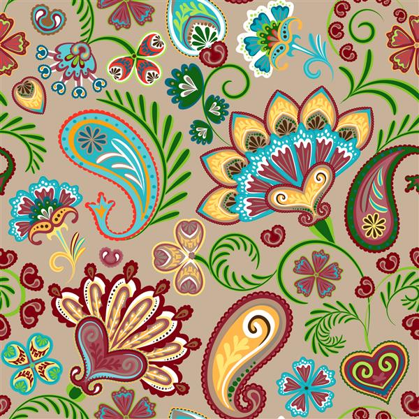 الگوی یکپارچه رنگارنگ با گلهای فانتزی و عناصر تزئینی پیزلی سبک هندی