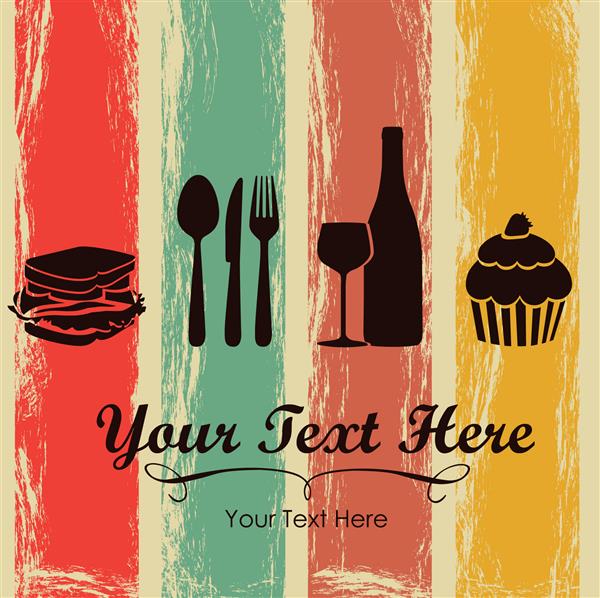 کارت زیبا برای منوی رستوران با قاشق چاقو چنگال ساندویچ دسر و تصویر وکتور شراب