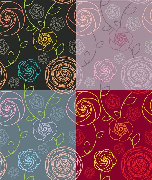 الگوی یکپارچه با گل رز در چهار طرح رنگی