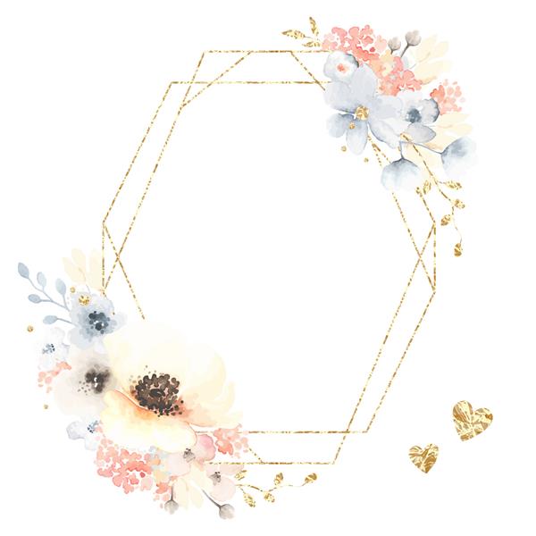 کارت تبریک تزئینی با لوزی قاب گل برگ و عناصر دکور طلایی وکتور تصویر گل در سبک آبرنگ جذاب در پس زمینه سفید