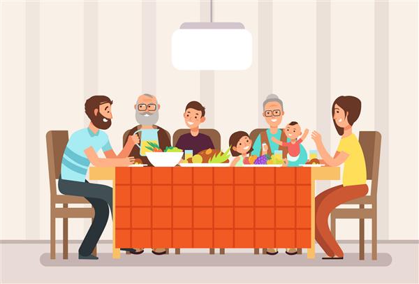 خانواده بزرگ شادی که ناهار را با هم در تصویر زمینه کارتونی اتاق نشیمن می خورند ناهار خانواده مادر پدر با فرزندان و والدین