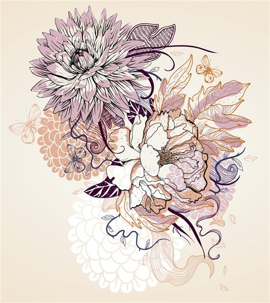 تصویر وکتور از گلها و پروانه های بژ