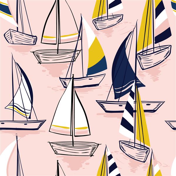 طرح دستی زیبا الگوی دریایی تابستانی بدون درز با کشتی های قایقرانی در زمینه صورتی شیرین وکتور الگوی دریایی