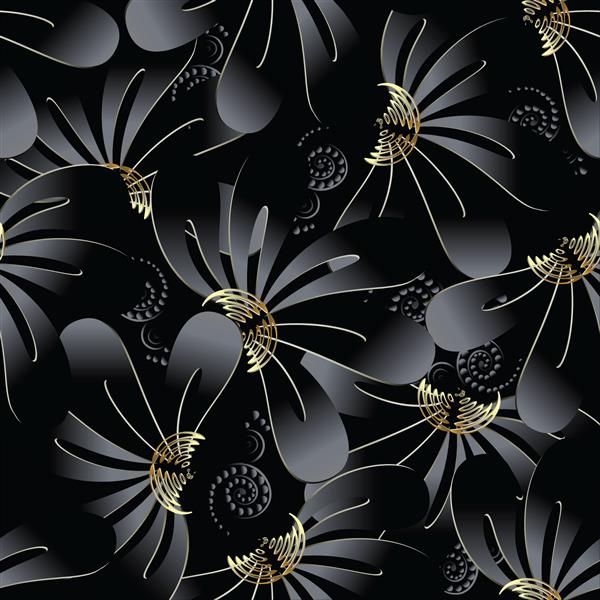 تاریک پر اب و تاب سیاه و سفید گل الگوی بدون درز سه بعدی چکیده خلاق پس زمینه زینتی بافت سطح گل های تزئینی سیاه و سفید سه بعدی با سایه و برجسته عناصر دکور طلا زیور آلات مدرن