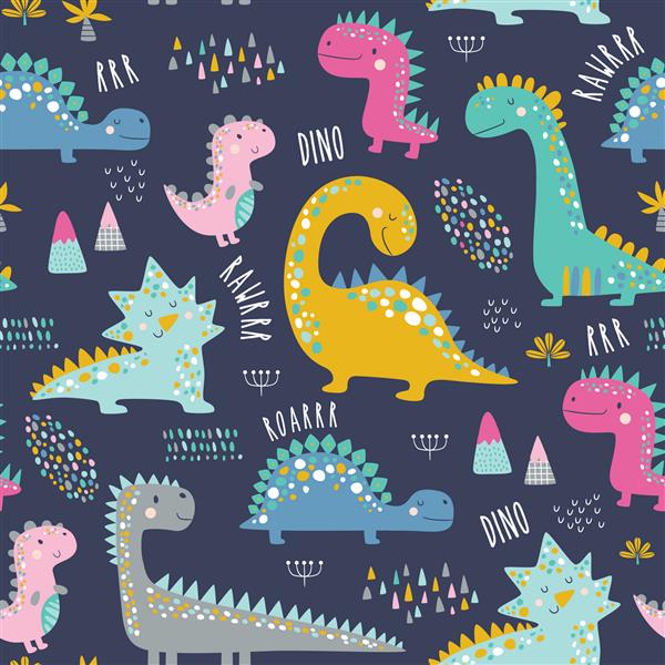 الگوی دایناسورهای بچه های بامزه ناز پس زمینه وکتور دایناسورهای رنگارنگ زمینه ای برای پارچه