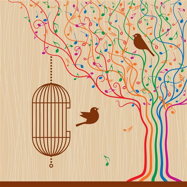 قفس پرندگان روی درخت موزیکال وکتور