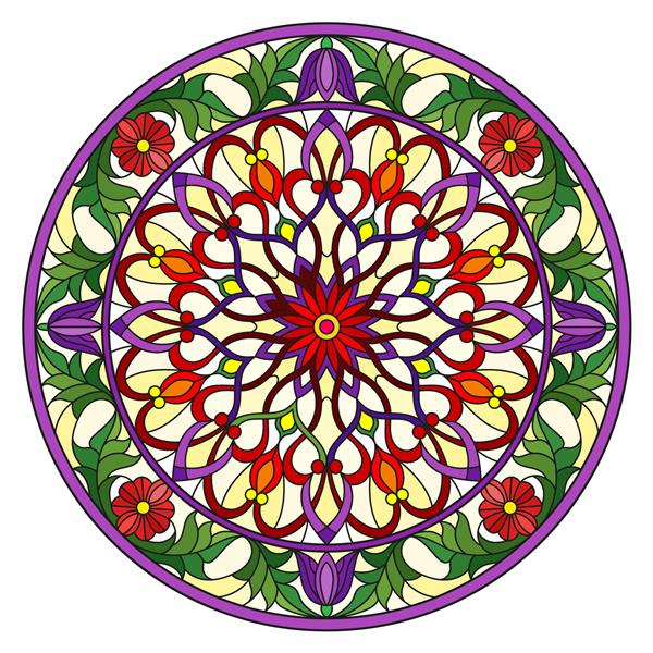 تصویرگری به سبک شیشه های رنگی تصویر آینه ای گرد با تزئینات گل و چرخش گلهای روشن روی زمینه زرد