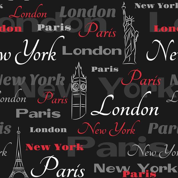 الگوی یکپارچه با نمادهای شهرهای نیویورک لندن پاریس در پس زمینه سیاه