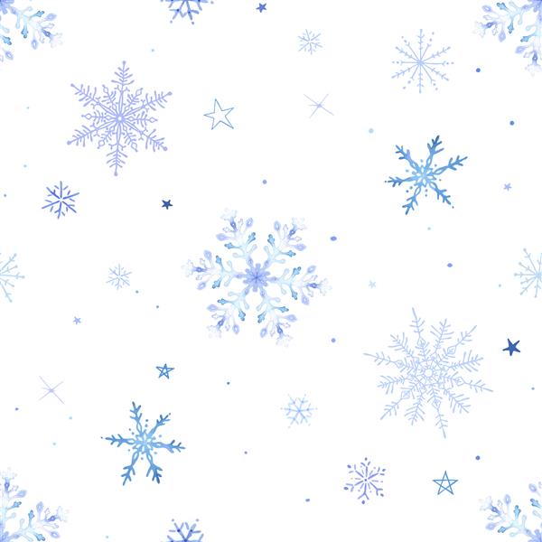 الگوی زمستانی بدون کریسمس با دانه های برف و ستاره های رنگارنگ و پر زرق و برق در زمینه سفید وکتور تصویر انتزاعی در سبک آبرنگ جذاب
