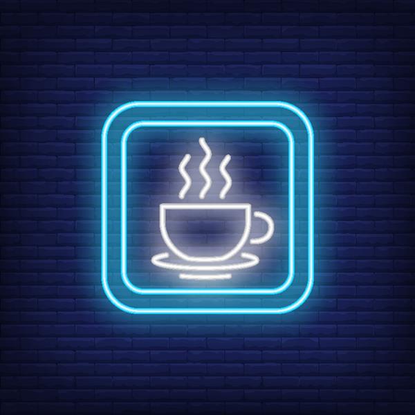 تابلوی نئون کافه فنجان قهوه در مربع آبی در زمینه آجر تبلیغات روشن شب تصویر وکتور به سبک نئون برای سرویس پذیرایی نوشیدنی