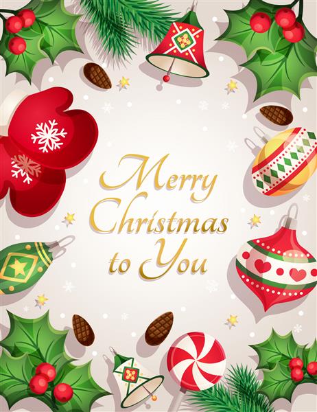 کارت تبریک کریسمس با عناصر و اشیا تزئینی شاخه های درخت برگهای سبز گلدسته اسباب بازی آبنبات چوبی مارپیچ زنگ توت دانه های برف و ستاره
