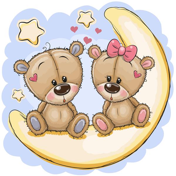 دو خرس کارتونی ناز روی ماه نشسته است