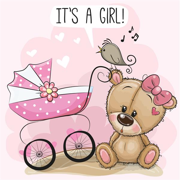 کارت تبریک دختری با کالسکه بچه و خرس عروسکی است