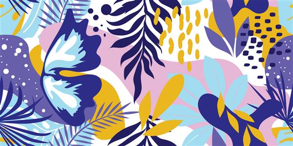 الگوی انتزاعی با برگ و گل بدون درز با وکتور گل در سبک مدرن است منظره عجیب هاوایی یک بهشت ​​گرمسیری است برای پارچه پارچه کاغذ بسته بندی طراحی شده است